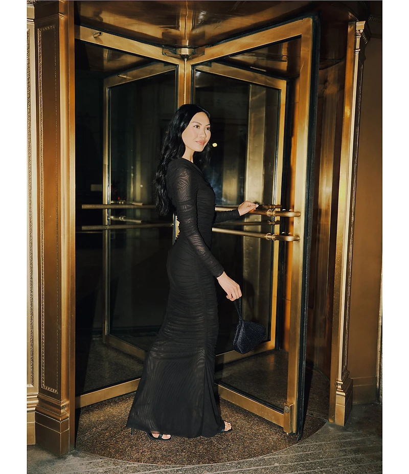 Betsy & Adam One Shoulder Long Sleeve Mesh Gown