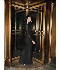Betsy & Adam One Shoulder Long Sleeve Mesh Gown