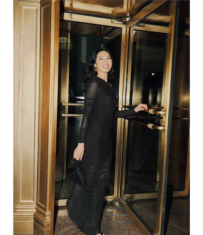 Betsy & Adam One Shoulder Long Sleeve Mesh Gown
