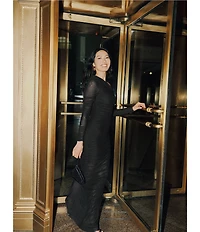 Betsy & Adam One Shoulder Long Sleeve Mesh Gown