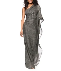 Betsy & Adam One Shoulder Metallic Ruched Gown