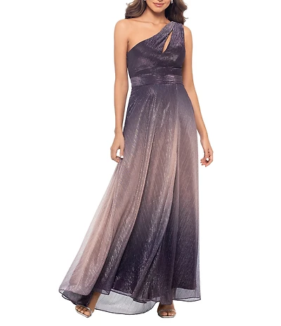 Betsy & Adam One Shoulder Ombre Gown With Keyhole