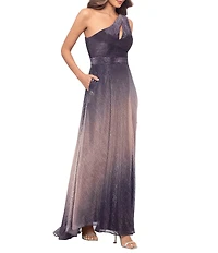 Betsy & Adam One Shoulder Ombre Gown With Keyhole