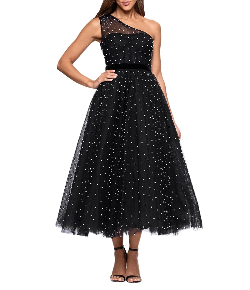 Betsy & Adam One Shoulder Pearl Tulle Tea Length Gown