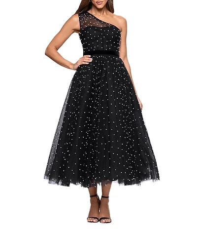 Betsy & Adam One Shoulder Pearl Tulle Tea Length Gown