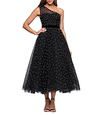 Betsy & Adam One Shoulder Pearl Tulle Tea Length Gown