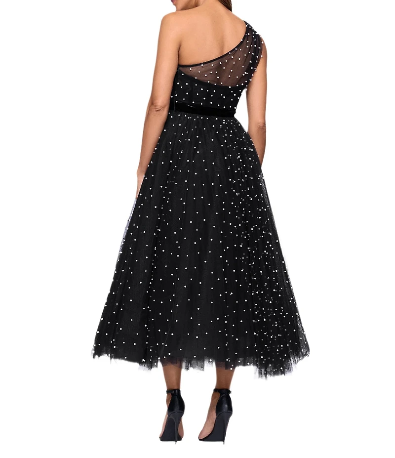 Betsy & Adam One Shoulder Pearl Tulle Tea Length Gown