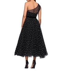 Betsy & Adam One Shoulder Pearl Tulle Tea Length Gown