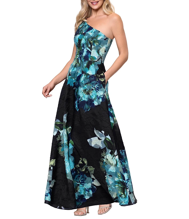 Betsy & Adam One Shoulder Printed Organza Long Gown