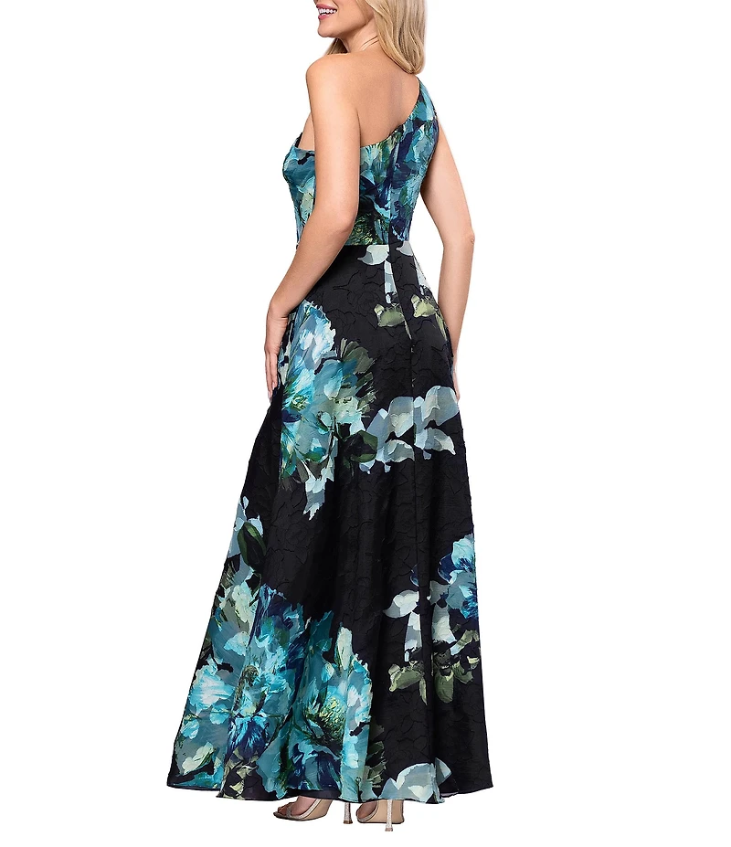 Betsy & Adam One Shoulder Printed Organza Long Gown