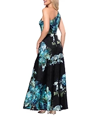 Betsy & Adam One Shoulder Printed Organza Long Gown