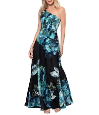 Betsy & Adam One Shoulder Printed Organza Long Gown