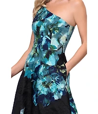 Betsy & Adam One Shoulder Printed Organza Long Gown