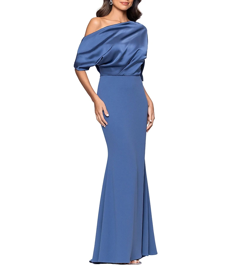 Betsy & Adam One Shoulder Satin Scuba Crepe A-Line Dress