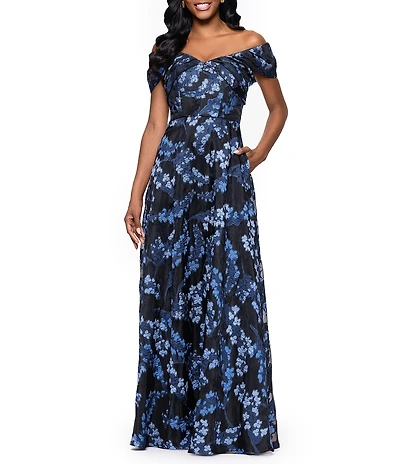 Betsy & Adam Organza Brocade Floral Off-the-Shoulder A-Line Gown