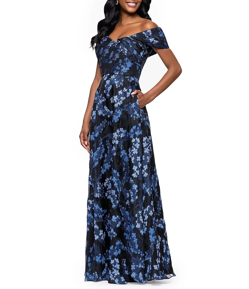 Betsy & Adam Organza Brocade Floral Off-the-Shoulder A-Line Gown
