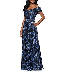 Betsy & Adam Organza Brocade Floral Off-the-Shoulder A-Line Gown