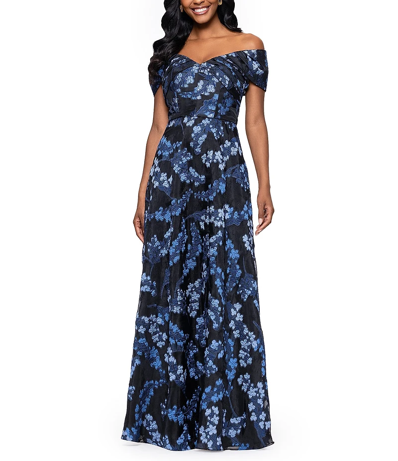 Betsy & Adam Organza Brocade Floral Off-the-Shoulder A-Line Gown