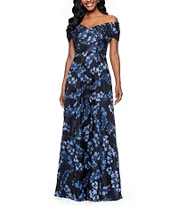 Betsy & Adam Organza Brocade Floral Off-the-Shoulder A-Line Gown