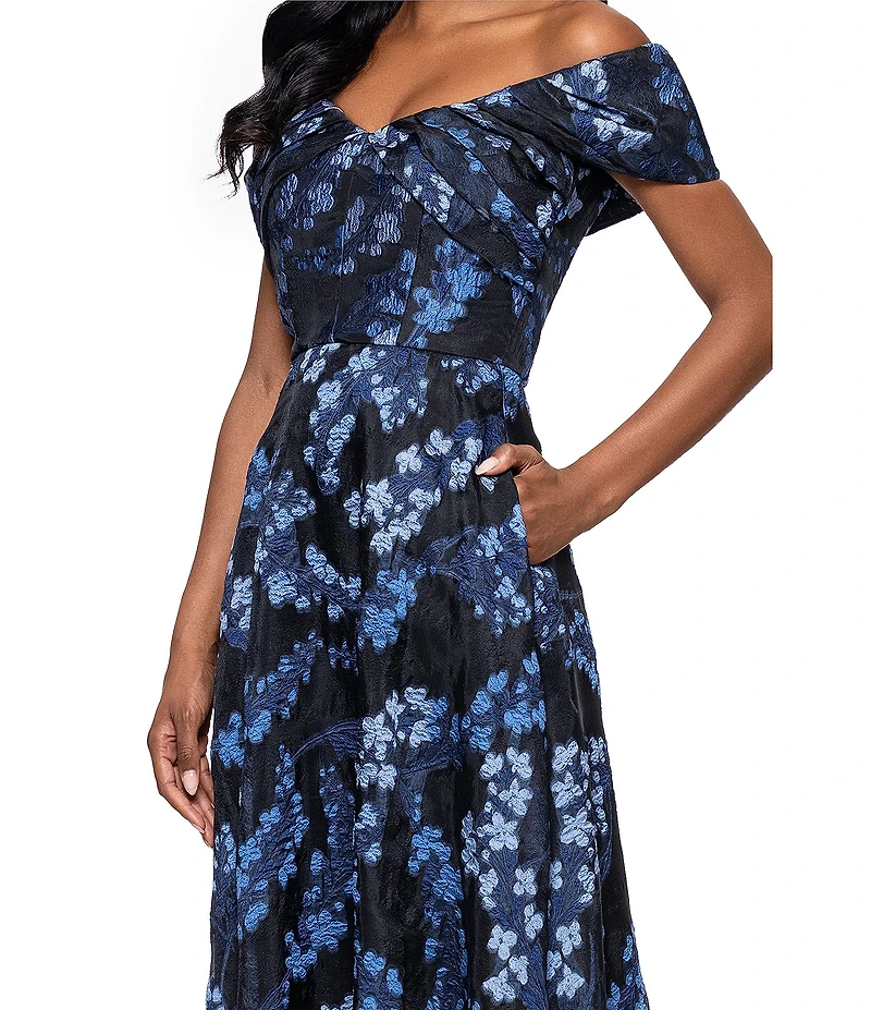 Betsy & Adam Organza Brocade Floral Off-the-Shoulder A-Line Gown