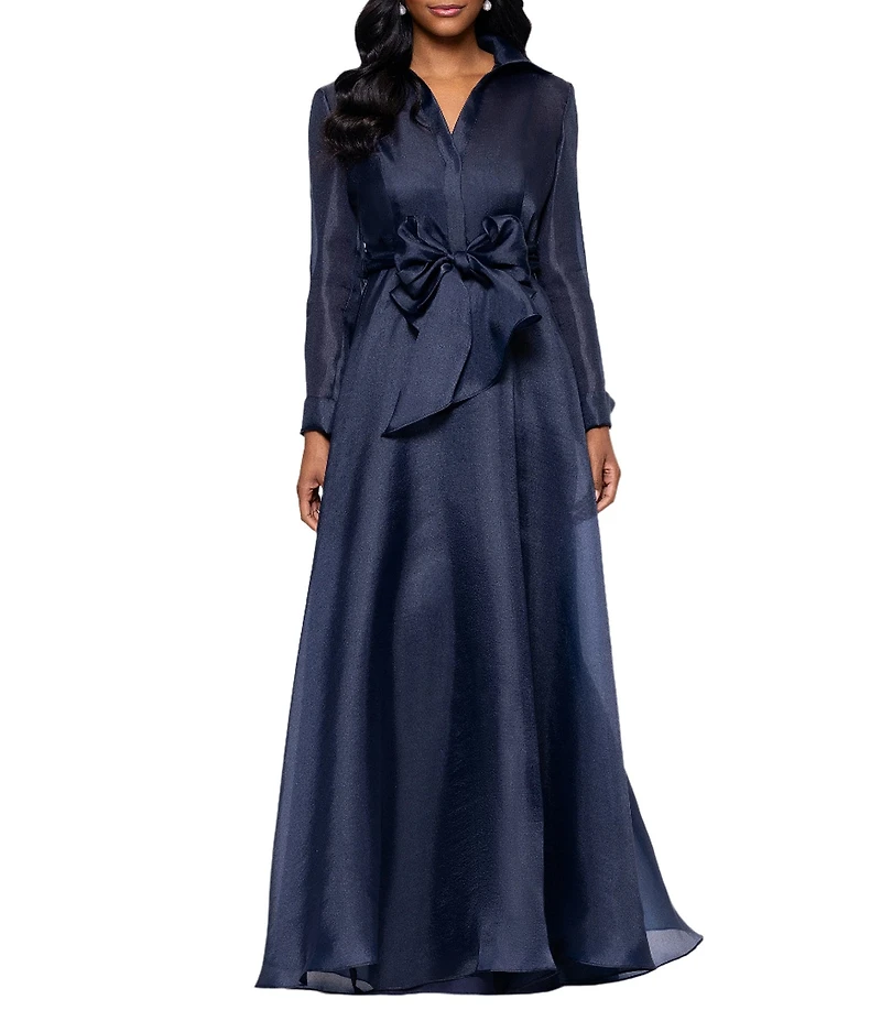Betsy & Adam Organza Button Down Long Sleeve Gown