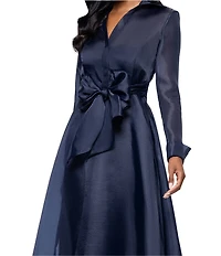 Betsy & Adam Organza Button Down Long Sleeve Gown