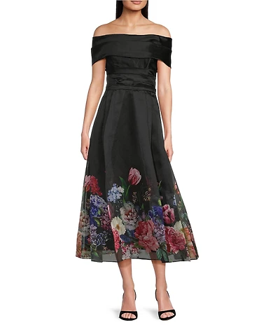 Betsy & Adam Organza Floral Print Off-The-Shoulder A-Line Midi Gown