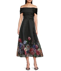 Betsy & Adam Organza Floral Print Off-The-Shoulder A-Line Midi Gown