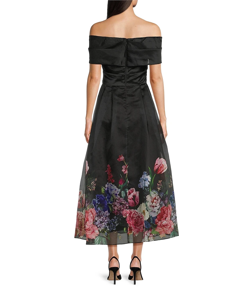 Betsy & Adam Organza Floral Print Off-The-Shoulder A-Line Midi Gown