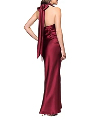 Betsy & Adam Petite Size Charmeuse Cowl Neck Sleeveless Tie Neck Slip Gown