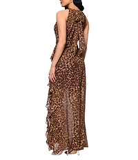 Betsy & Adam Petite Size Chiffon Halter Neck Sleeveless Ruffled Leopard Print Maxi Dress