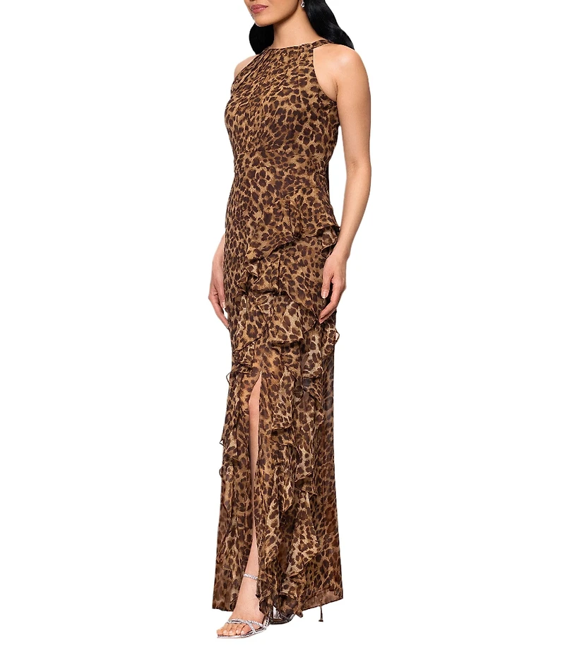 Betsy & Adam Petite Size Chiffon Halter Neck Sleeveless Ruffled Leopard Print Maxi Dress