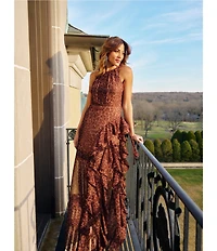 Betsy & Adam Petite Size Chiffon Halter Neck Sleeveless Ruffled Leopard Print Maxi Dress