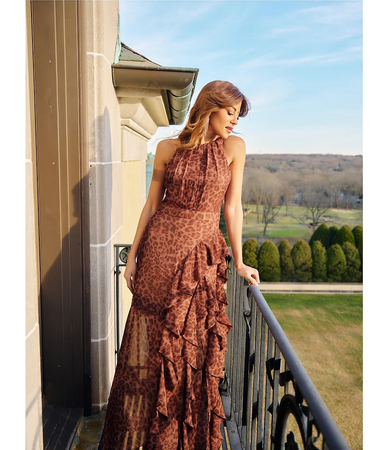 Betsy & Adam Petite Size Chiffon Halter Neck Sleeveless Ruffled Leopard Print Maxi Dress