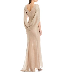 Betsy & Adam Petite Size Draped Back 3/4 Cape Sleeve Round Neck Metallic Crinkled Ruched Sheath Gown