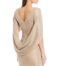Betsy & Adam Petite Size Draped Back 3/4 Cape Sleeve Round Neck Metallic Crinkled Ruched Sheath Gown