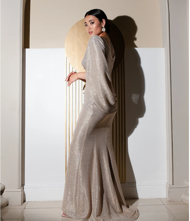Betsy & Adam Petite Size Draped Back 3/4 Cape Sleeve Round Neck Metallic Crinkled Ruched Sheath Gown