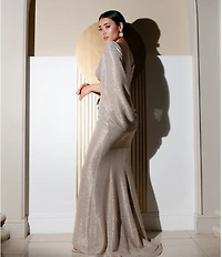 Betsy & Adam Petite Size Draped Back 3/4 Cape Sleeve Round Neck Metallic Crinkled Ruched Sheath Gown