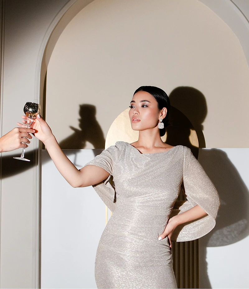 Betsy & Adam Petite Size Draped Back 3/4 Cape Sleeve Round Neck Metallic Crinkled Ruched Sheath Gown