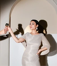 Betsy & Adam Petite Size Draped Back 3/4 Cape Sleeve Round Neck Metallic Crinkled Ruched Sheath Gown
