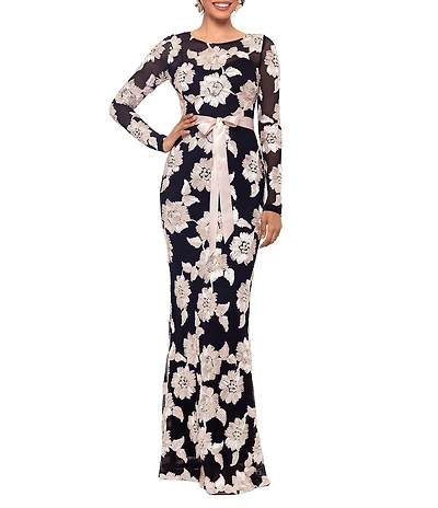 Betsy & Adam Petite Size Floral Embroidered Mesh Crew Neck Long Sleeve Tie Waist Gown