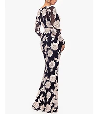 Betsy & Adam Petite Size Floral Embroidered Mesh Crew Neck Long Sleeve Tie Waist Gown