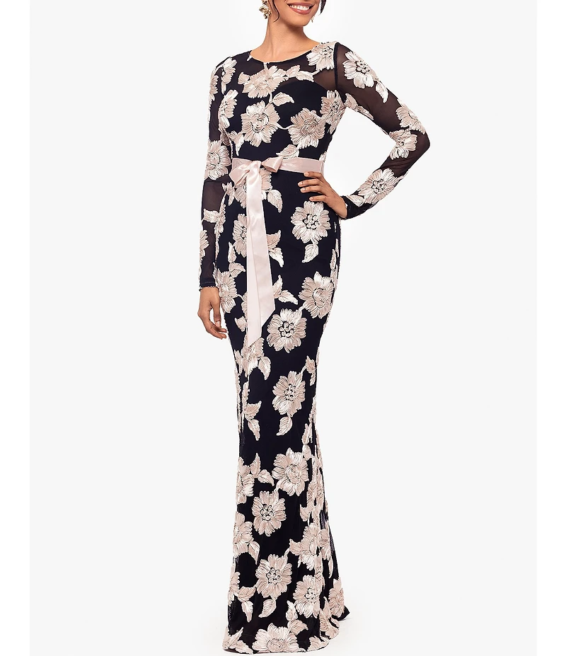 Betsy & Adam Petite Size Floral Embroidered Mesh Crew Neck Long Sleeve Tie Waist Gown
