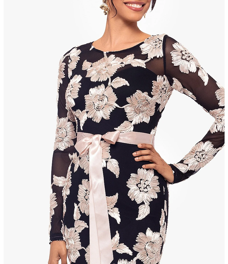 Betsy & Adam Petite Size Floral Embroidered Mesh Crew Neck Long Sleeve Tie Waist Gown