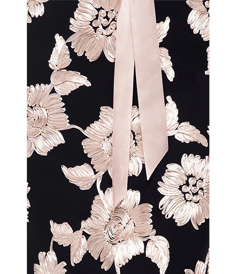 Betsy & Adam Petite Size Floral Embroidered Mesh Crew Neck Long Sleeve Tie Waist Gown