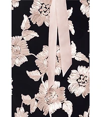 Betsy & Adam Petite Size Floral Embroidered Mesh Crew Neck Long Sleeve Tie Waist Gown