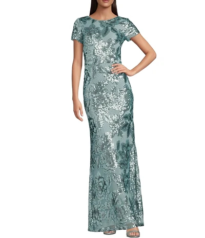 Betsy & Adam Petite Size Floral Print Power Mesh Sequin Long Gown