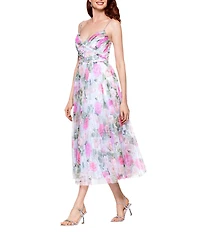 Betsy & Adam Petite Size Floral Print Tulle Pleated Midi Dress