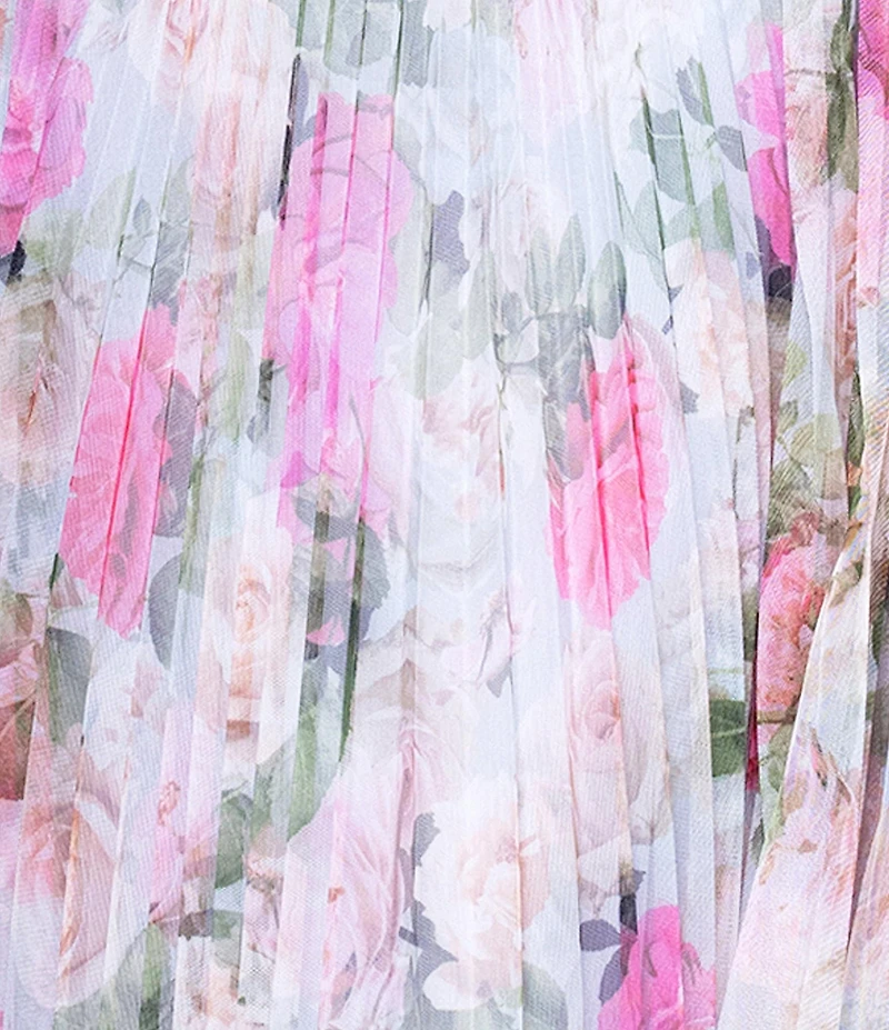 Betsy & Adam Petite Size Floral Print Tulle Pleated Midi Dress