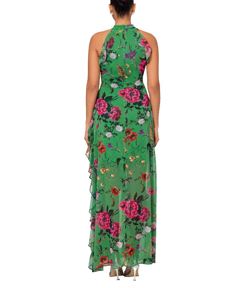 Betsy & Adam Petite Size Floral Ruffle Halter Long Dress